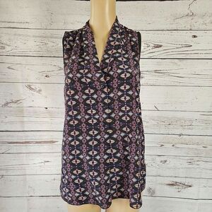 Greylin 100% Silk Geometric Sleeveless Button-Down Blouse Ikat - Large